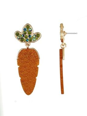 New Easter Gold-Tone Orange Carrot Drop Earrings with Green Crystal Tops